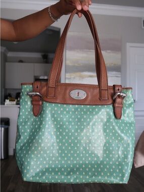 Fossil Mint Green Patterned Tote with Brown Leather Trim
